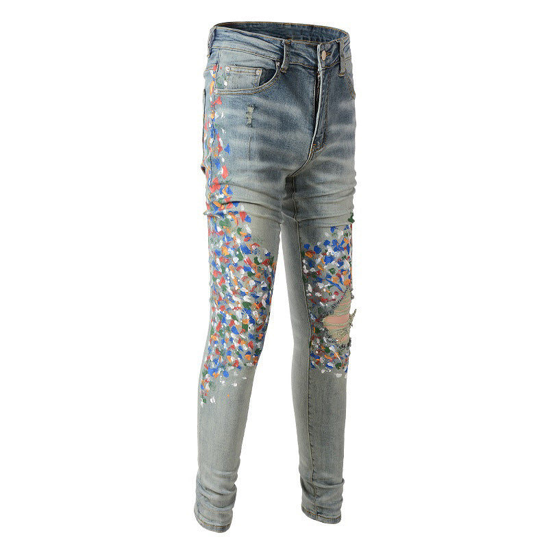 Pantalon décontracté en denim de rue en coton micro-élastique pour jeunes, jean skinny bleu avec éclaboussures de peinture #868 