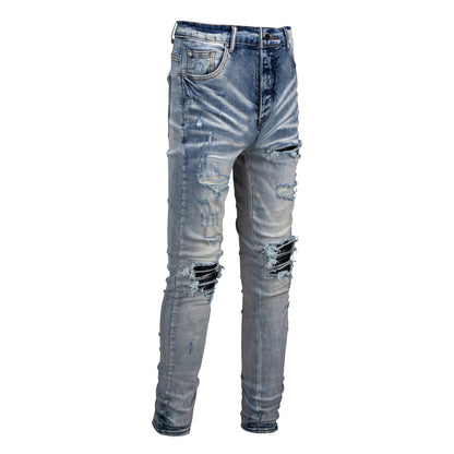 Men's Slim Fit Black Jeans with Street Style Patches, Vintage Wash, and Ripped Details 6848