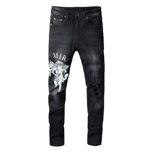 Jean skinny noir en coton micro-élastique avec imprimé numérique Street Letters Angel Pattern 817 