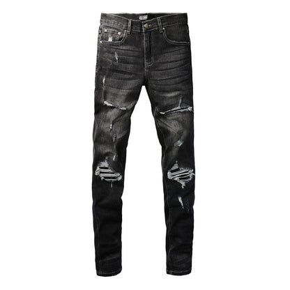 Jean déchiré High Street pour homme avec patchs patchwork et étoiles extensibles, coupe slim, pantalon crayon 8829 