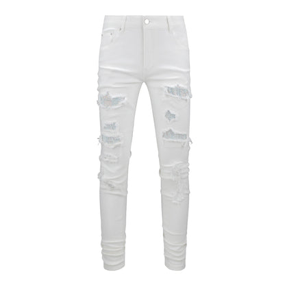 Jean moulant blanc pour homme avec strass et patchwork pour un style urbain 625 