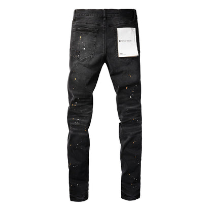 Jean pour homme - Denim noir vieilli avec fente au genou et trou déchiré 9045 