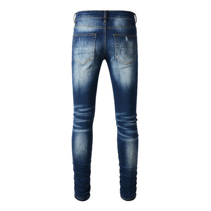 1318 Jeans azules con parches rotos de High Street de marca de moda europea y americana para hombre, versión coreana 