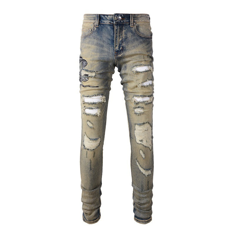 6611 Jeans de marque rétro tendance avec patch déchiré et brodé Cobra en denim élastique slim 