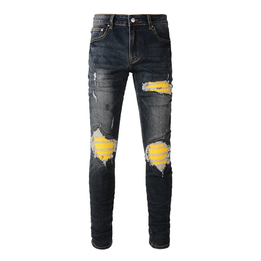 Jeans de créateur pour hommes Jeans pour hommes Jeans High Street Hole Star Patch Pantalon à empiècements brodés d'étoiles pour hommes et femmes Pantalon slim extensible (40583-1305) 