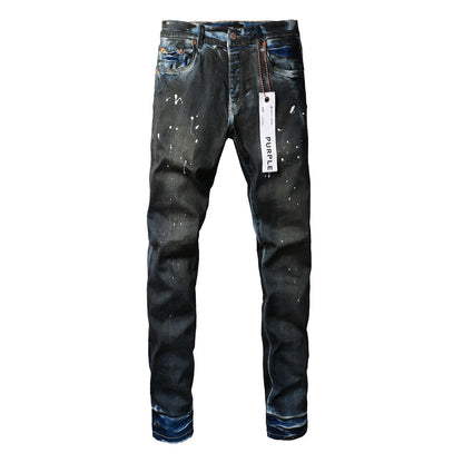 Mens Purple Skinny Jeans with Ripped Detail 9051 Fashionable Denim Biker Pants with Patches and Printed Design