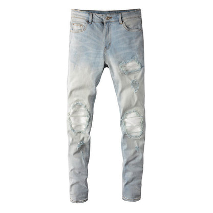 6624 High Street Trendy Brand Ripped Patch Jeans Retro Hommes Élastique Slim Fit Bleu Clair Jeans 