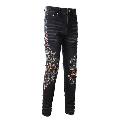 Pantalon décontracté en denim de rue en coton micro-élastique pour jeunes, jean skinny noir avec éclaboussures de peinture #865 