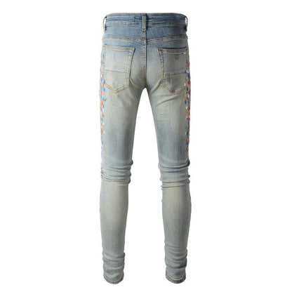 Pantalon décontracté en denim de rue en coton micro-élastique pour jeunes, jean skinny bleu avec éclaboussures de peinture #868 