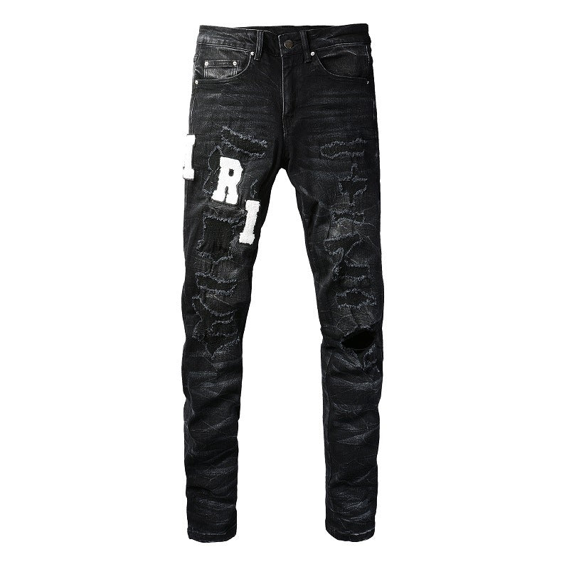 Pantalones ajustados elásticos con parche de hilo rasgado y letras bordadas en cuero de Street Jeans (1313-8815) 