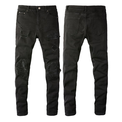 Jean slim noir pour homme avec détails froissés, patchs et design déchiré 602 