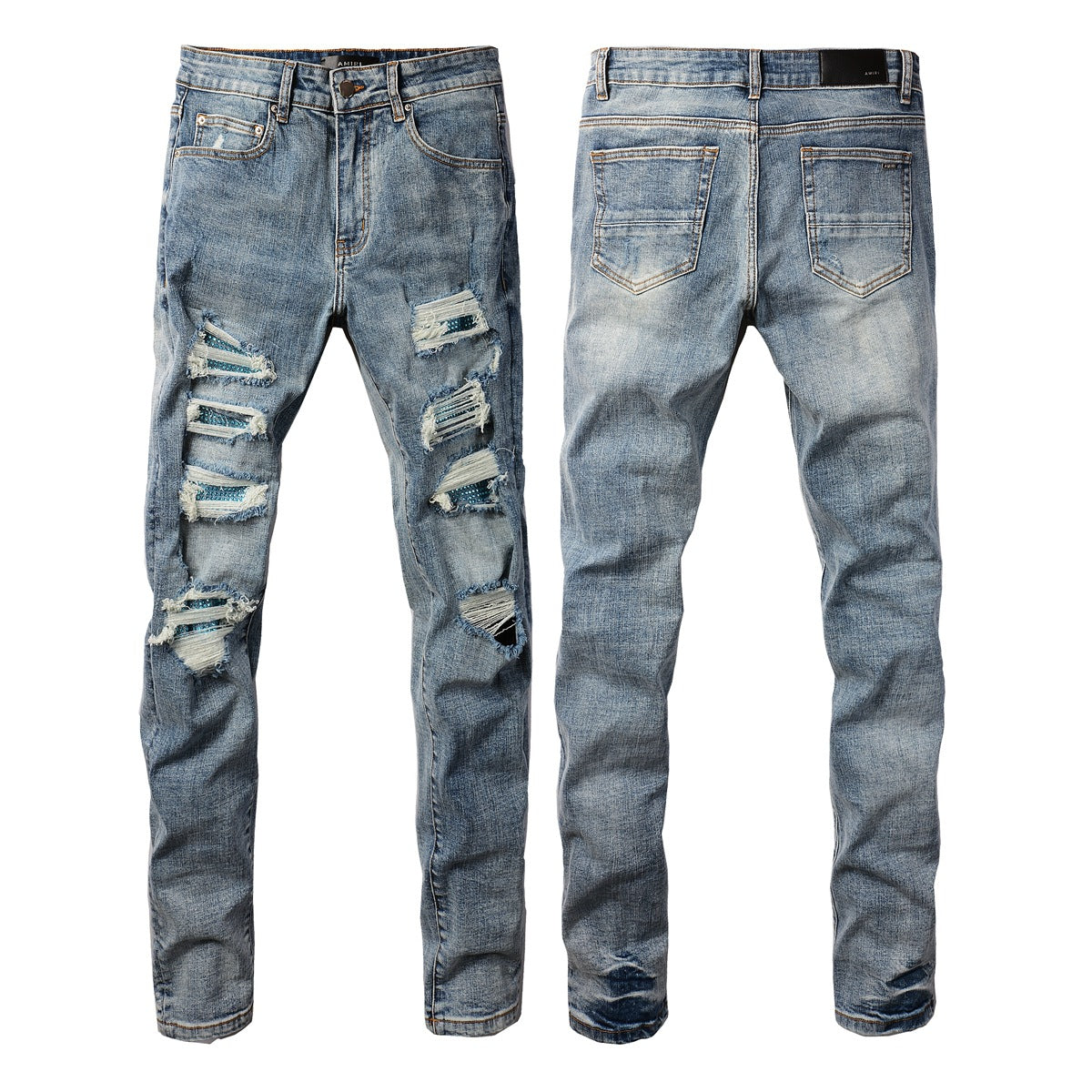 Jean Slim Fit tendance avec effet délavé et ornements en strass bleus 8835 