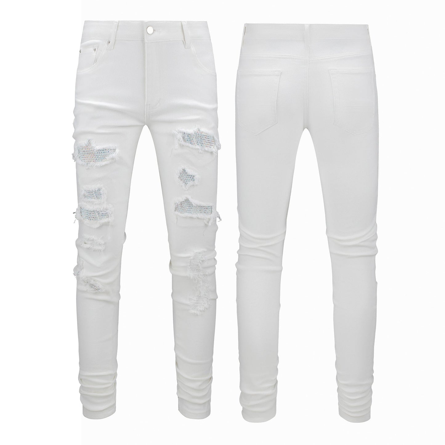 Jean moulant blanc pour homme avec strass et patchwork pour un style urbain 625 