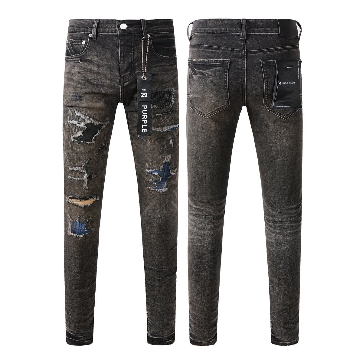 Chic Black Distressed Denim Pants 9080 Combining Rips and Patches for a Modern Style