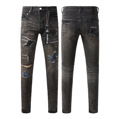 Chic Black Distressed Denim Pants 9080 Combining Rips and Patches for a Modern Style