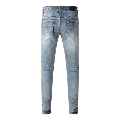 Jean Slim Fit tendance avec effet délavé et ornements en strass bleus 8835 