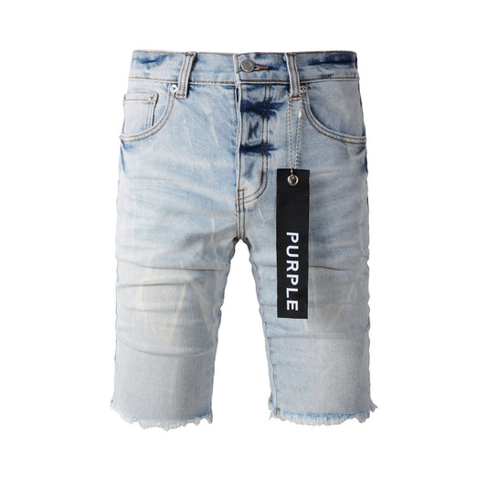 Trendy Blue Denim Shorts 5017 Featuring Wrinkled Texture and Classic Button Front