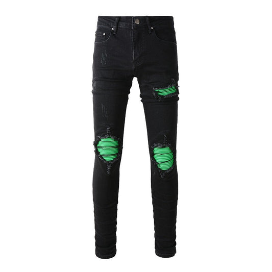 Jeans ajustados elásticos retro para hombre con parches verdes y proceso de lavado de calles estadounidense 8880 