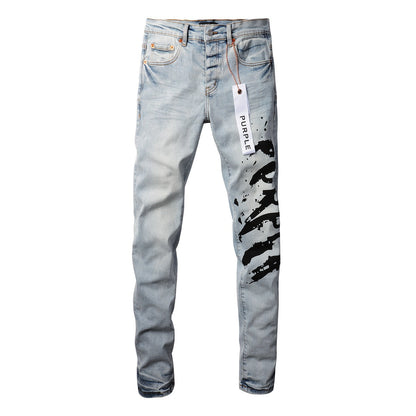 9048 Jeans pitillo morados para hombre con detalle roto - Pantalones de motociclista de mezclilla de moda con parches y diseño estampado Jeans morados 