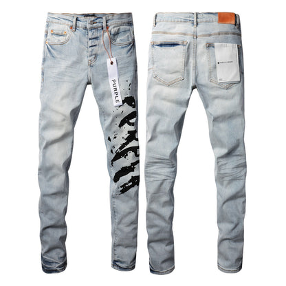 9048 Jean skinny violet pour homme avec détails déchirés - Pantalon de motard en denim à la mode avec patchs et jean à imprimé violet 