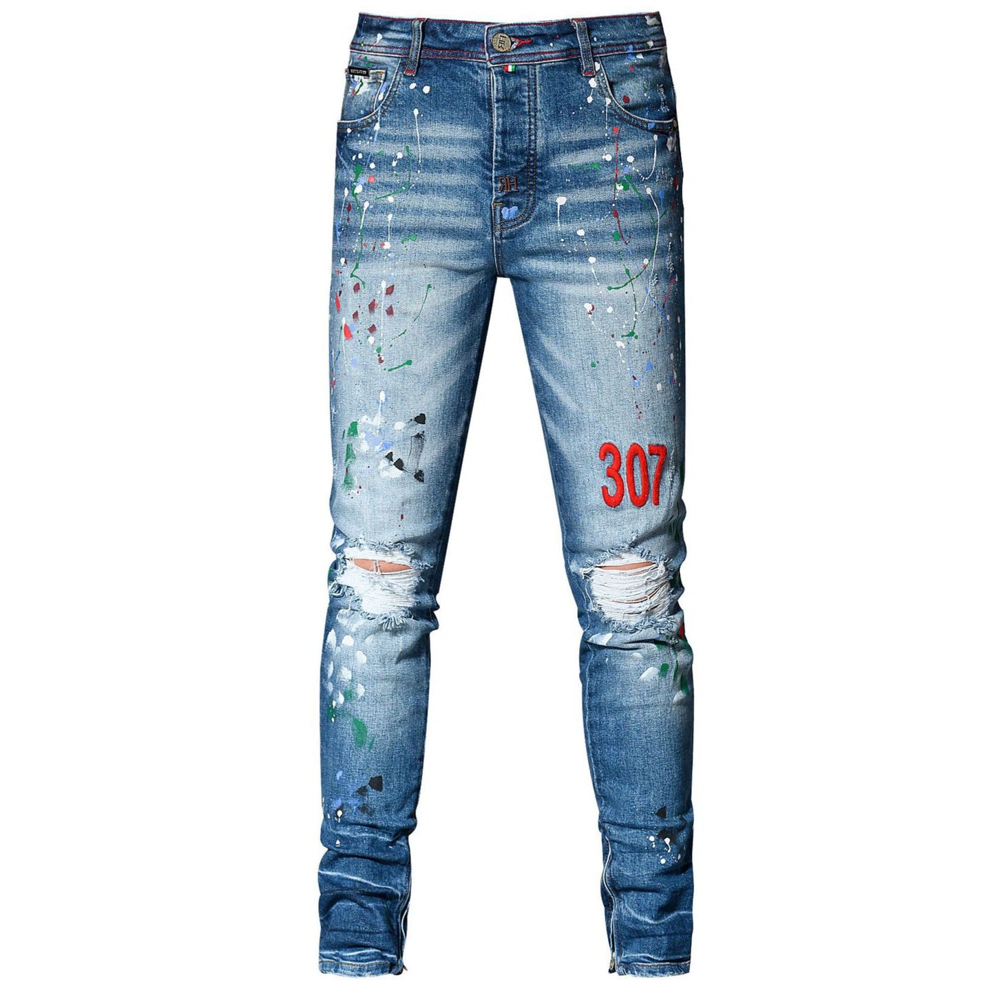 Jean bleu coupe droite avec broderie vieillie et motif peint pour un style urbain 