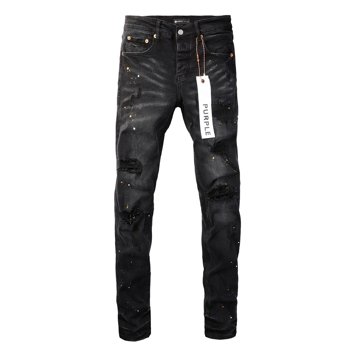 Mens Jeans - Distressed Black Denim with Knee Slit and Ripped Hole 9045