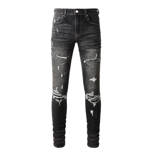 Jean déchiré High Street pour homme avec patchs patchwork et étoiles extensibles, coupe slim, pantalon crayon 8829 