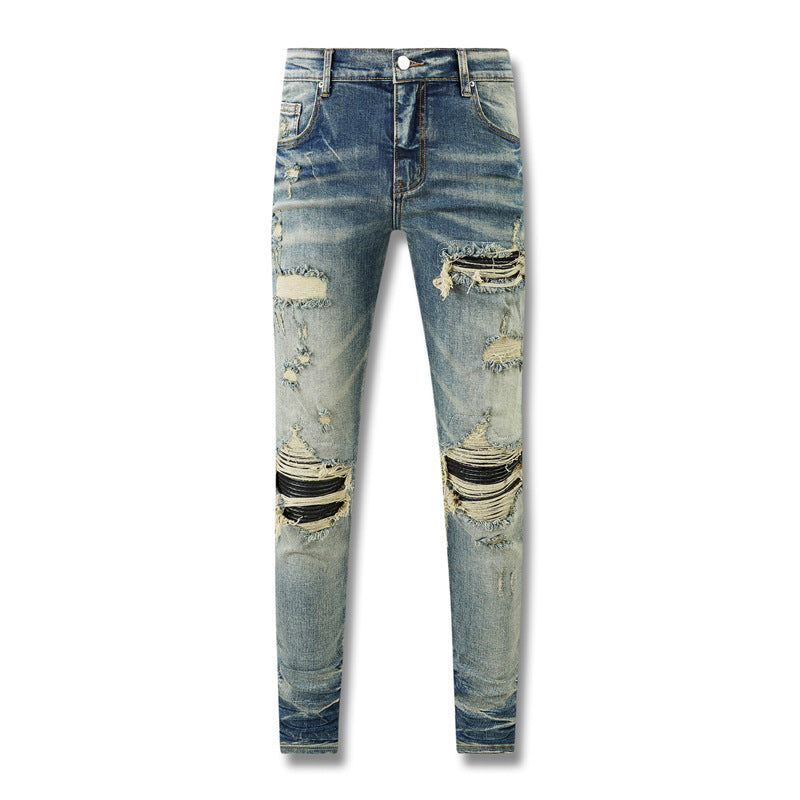 Mens Fashion Skinny Straight Slim Jeans 8602 Non-Elastic Ripped Denim with Knee Tears