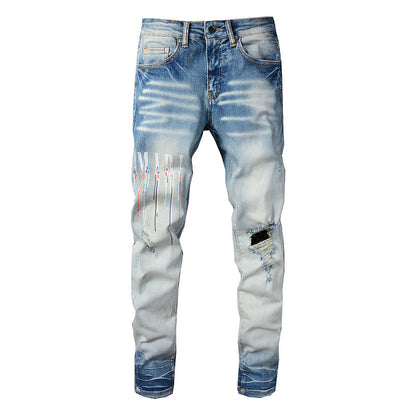 European and American Fashion Street Print Letter Ripped Denim Casual Slim-fitting Small-footed Jeans #831