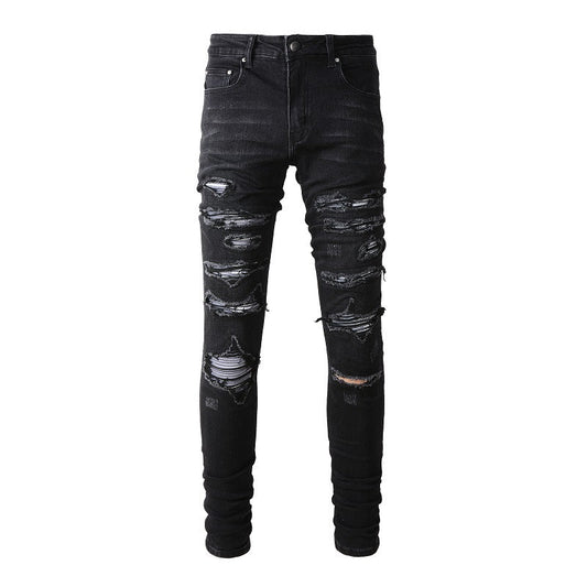 European and American Street Tide Ripped Patch Jeans High Street Tide Men's Elastic Slim Pants (891-8833)