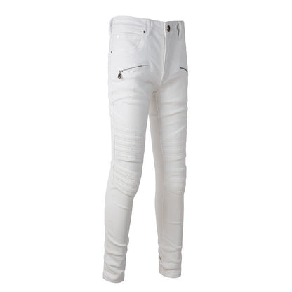 High Street Trendy Motorcycle Jeans Men's White Spliced Trousers Trendy Men #1100