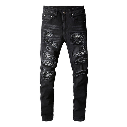 669 Jeans negros High Street de estilo europeo y americano para hombre, de estilo urbano, con múltiples parches y pies pequeños 