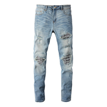 6665 High Street Trendy Brand Ripped Patch Jeans Retro Hommes Élastique Slim High Street Jeans 