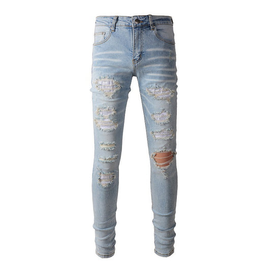 Pantalon décontracté en denim High Street pour le commerce extérieur Jean skinny déchiré bleu en coton micro-élastique pour jeunes 808