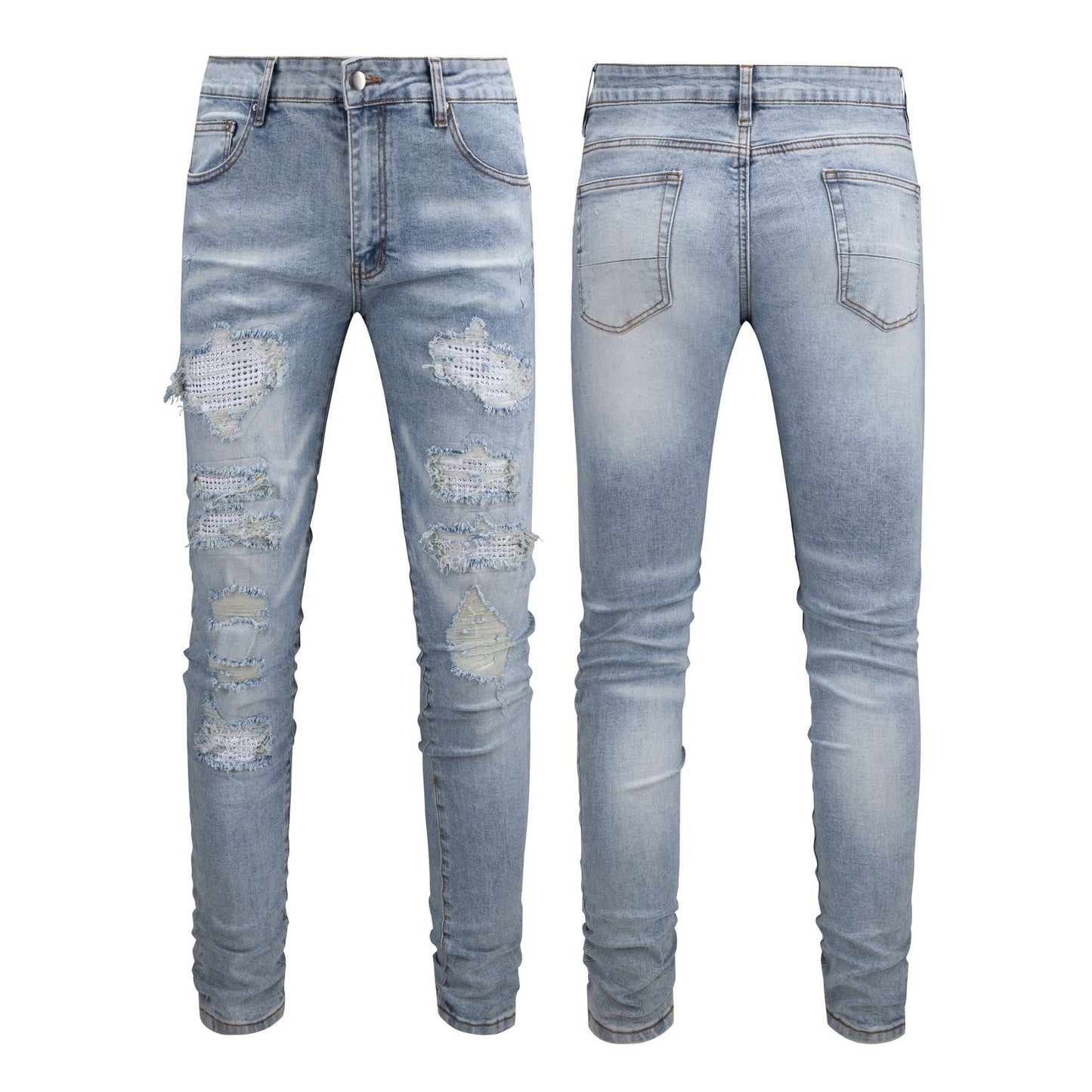 Jean slim blanc pour homme avec patchs en strass et motif vieilli 808 