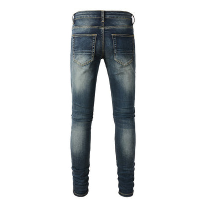 1320 Jeans High Street tendance européens et américains, jeans slim en cuir déchiré 