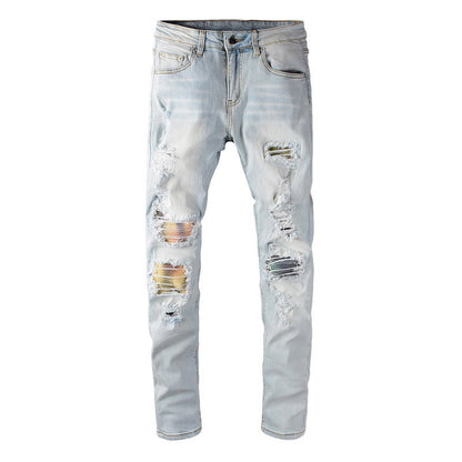 Pantalones vaqueros de moda con parches rotos y efecto tie-dye de color diamante, elásticos y ajustados para uso diario 637 