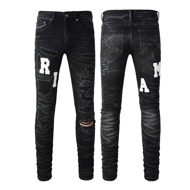 Pantalones ajustados elásticos con parche de hilo rasgado y letras bordadas en cuero de Street Jeans (1313-8815) 