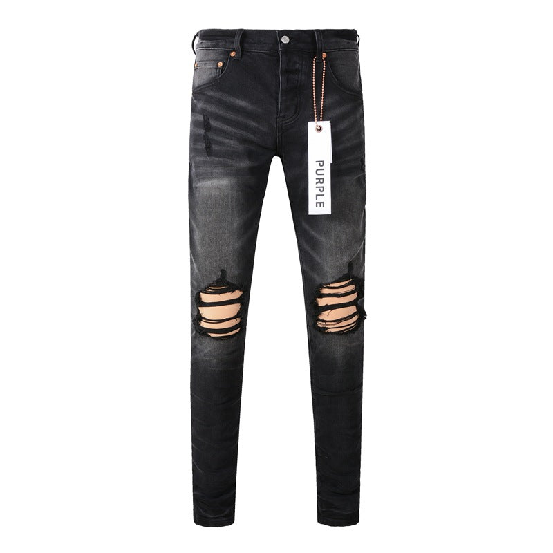 9029 New Fashion Men Black Jeans Distressed Hole Unique Personality