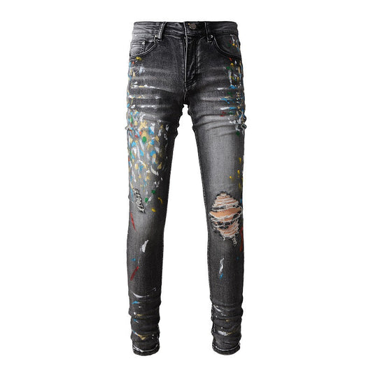 Pantalones vaqueros de marca de moda con estampado de grafiti y salpicaduras de tinta, vaqueros ajustados elásticos n.° 1303 