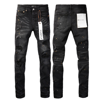 Pantalones vaqueros para hombre - Denim negro desgastado con abertura en la rodilla y agujero roto 9045 