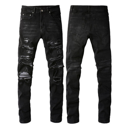 Jean slim stretch délavé noir 891 avec détails polyvalents en similicuir 