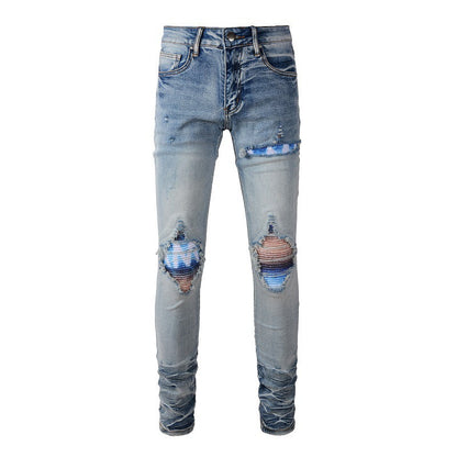 Pantalones vaqueros con parches rotos y estampados personalizados para hombre, pantalones vaqueros de talla grande para comercio exterior 