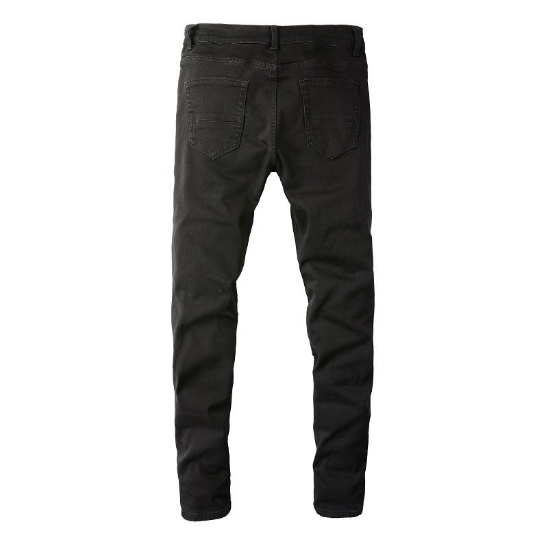 Jean slim noir pour homme avec détails froissés, patchs et design déchiré 602 