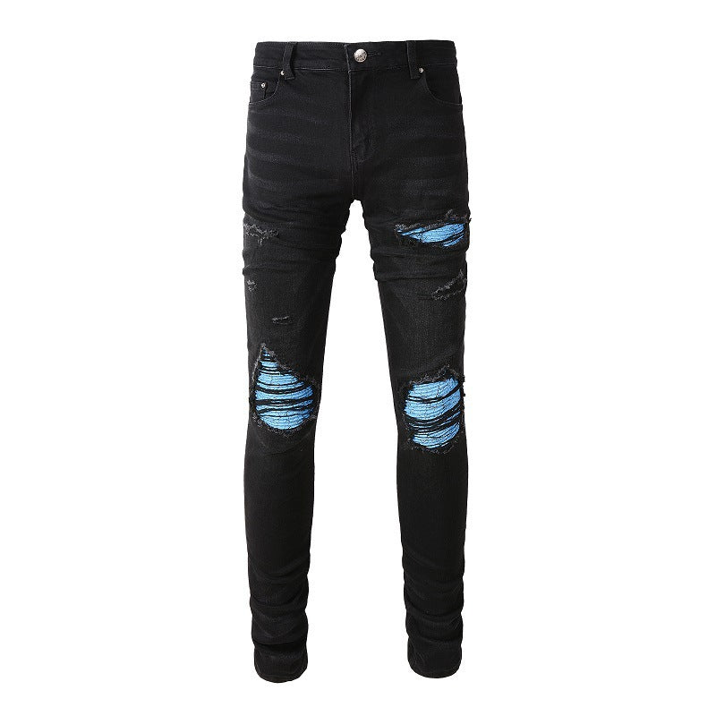 Jeans azules ajustados para hombre con diseño de patchwork y arrugas para estilo urbano 8870 