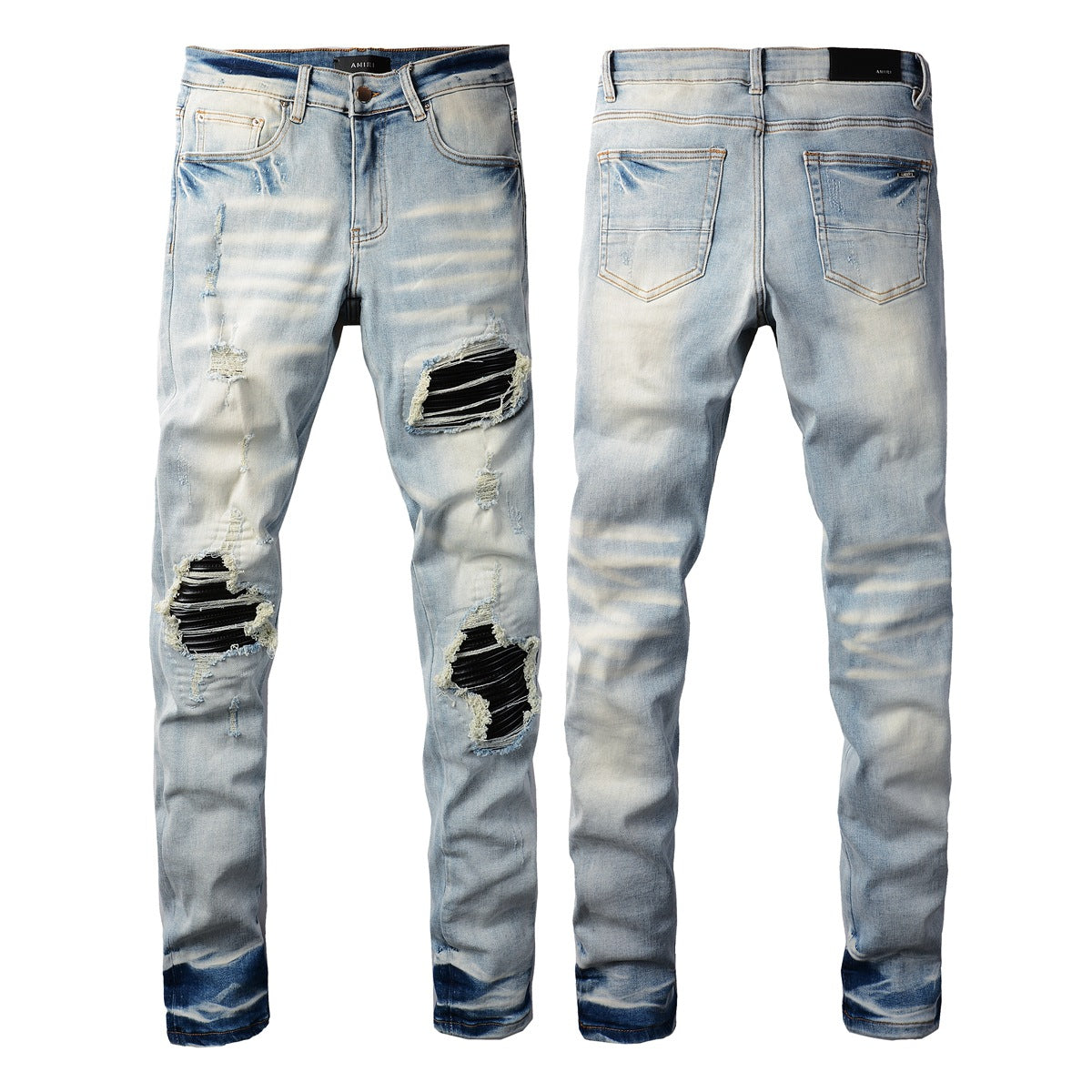 Mens Punk Slim Stretch Distressed Jeans With Ripped Knee Patch Blue Pants 848