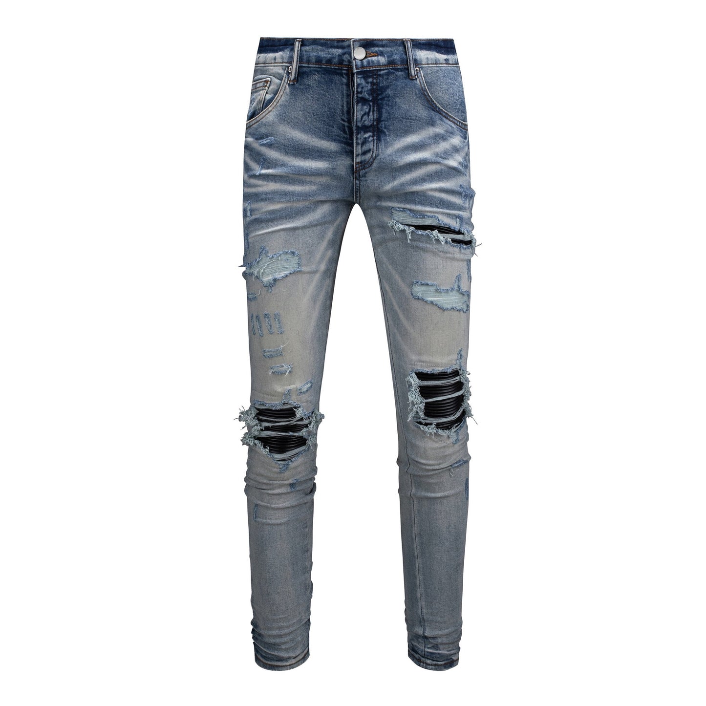 Men's Slim Fit Black Jeans with Street Style Patches, Vintage Wash, and Ripped Details 6848