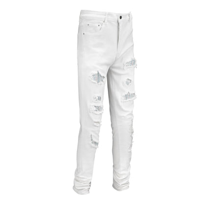 Jean moulant blanc pour homme avec strass et patchwork pour un style urbain 625 