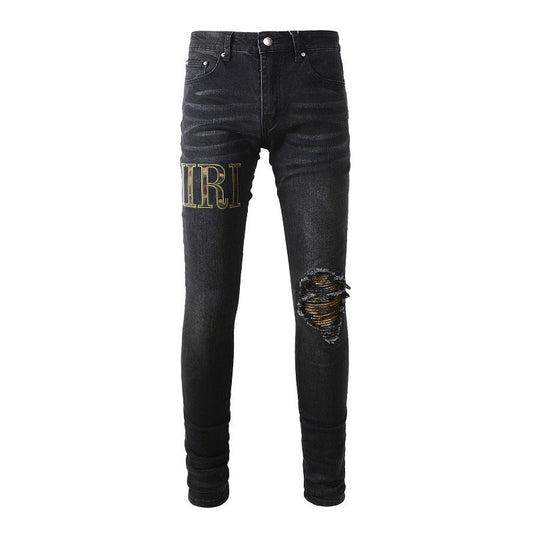 Pantalones vaqueros ajustados de estilo urbano con bordado de letras y parches rasgados Tide de American Street n.° 872 