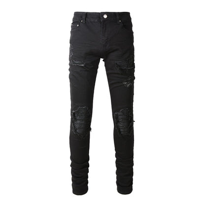 Jeans du commerce extérieur 8520 High Street Tide Brand Street Hole Patch Jeans Slim Elastic 